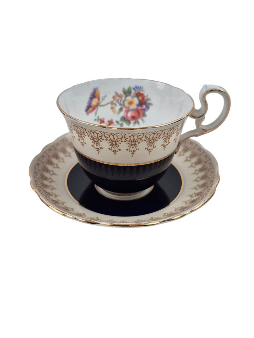 Aynsley Tea Cup Saucer Set Cobalt Blue Floral Bone China England Vintage 3 oz - Picture 2 of 10